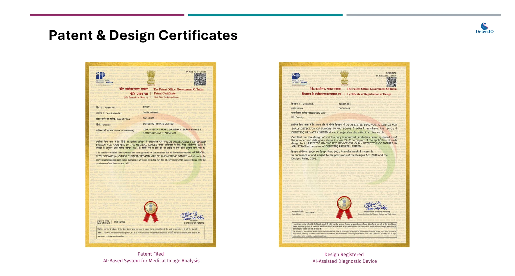 Indian patent and design registration certificates